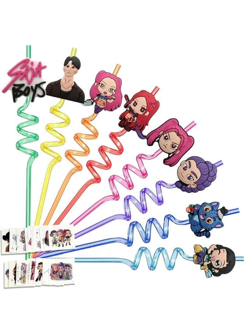 saykfoe Kpop Party Kit - 24 Reusable Colorful Spiral Straws with Printed Cartoon Designs & 25 Girl Temporary Tattoos, Includes Cleaning Brush for Anime Themed Birthday, K-Style Party Decor - Image 1